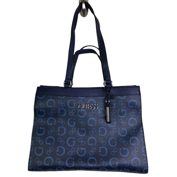 GUESS Women's Elian Satchel Purse Tote Handbag Blue Leather Silver Logo NWOT - Picture 1 of 9